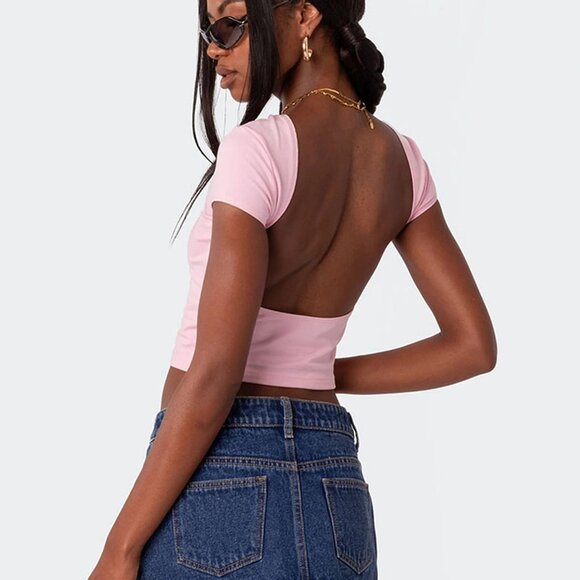 NWT Edikted Light Pink Bambi Open-Back T-Shirt, XS - Picture 1 of 5